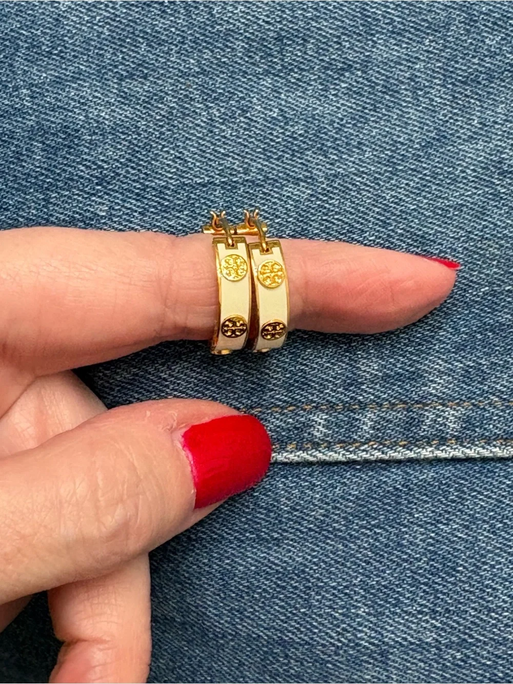 Tory Burch Gold and Ivory Huggie Earrings